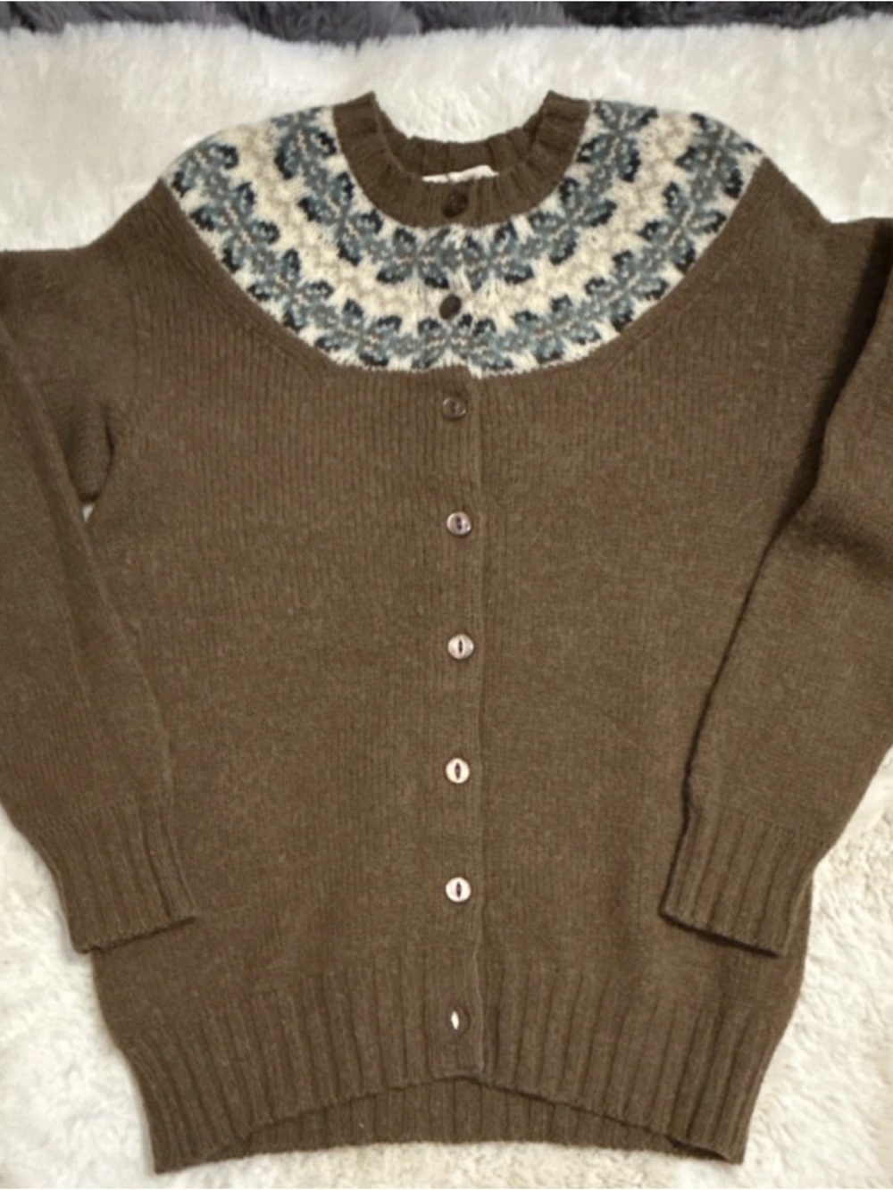 Classic Brown Fair Isle Yoke Cardigan Sweater